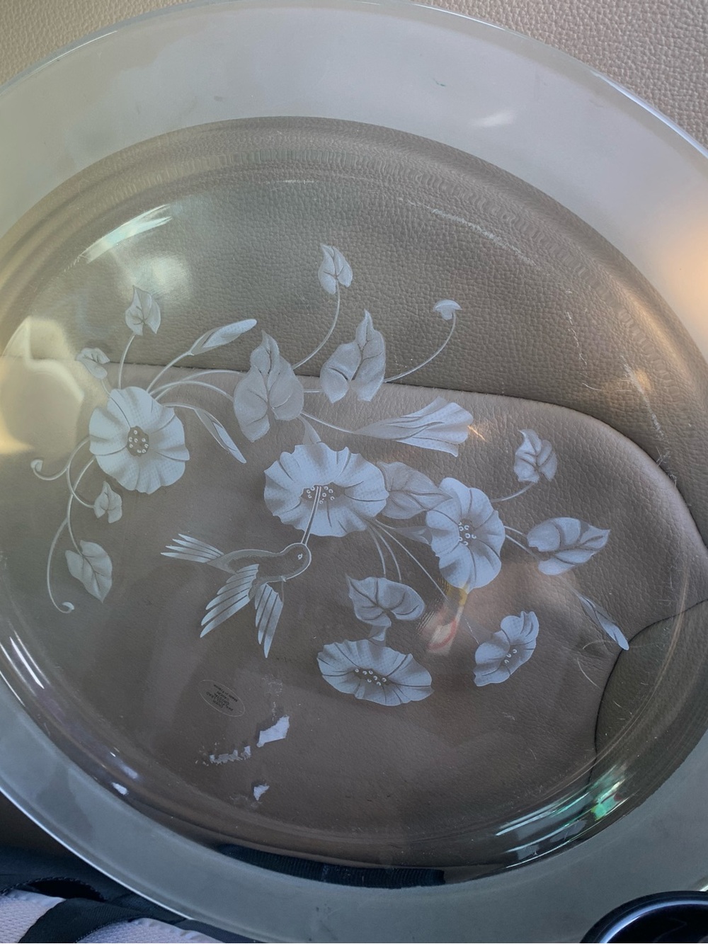 Etched Glass Serving Platter with Floral & Hummingbird Design